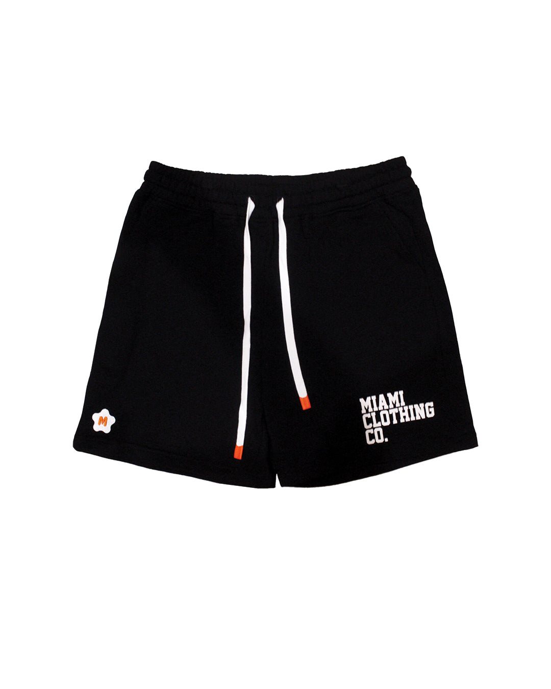 Black french terry material shorts by Miami Clothing Co. with logo and drawstrings.