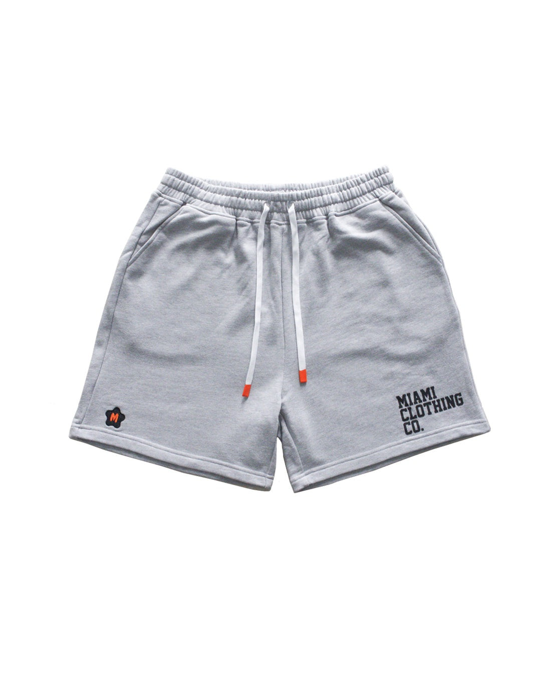 Grey french terry material shorts by Miami Clothing Co. with logo and drawstrings.