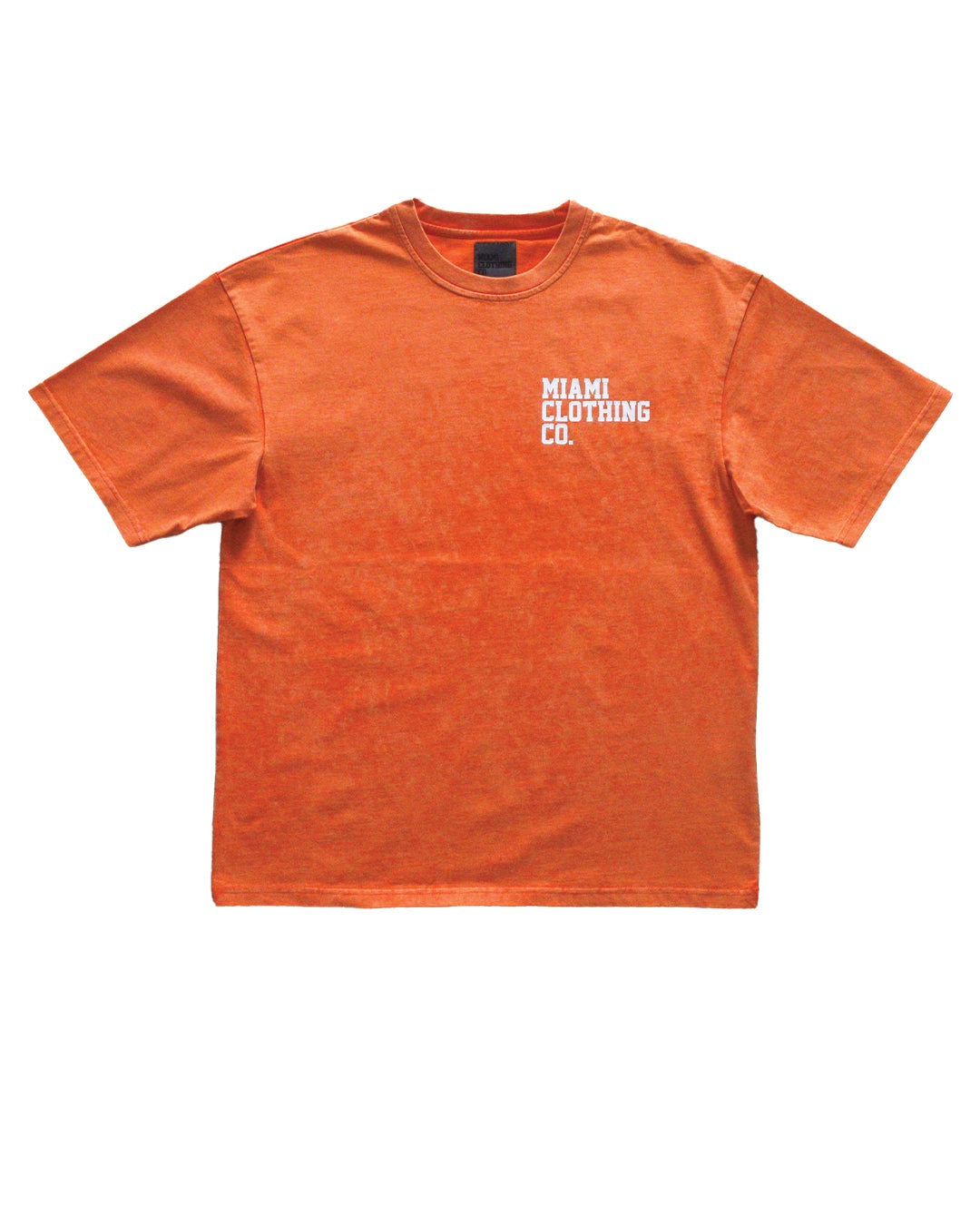 Oversized orange cotton t-shirt with "Miami Clothing CO." graphic on left chest.