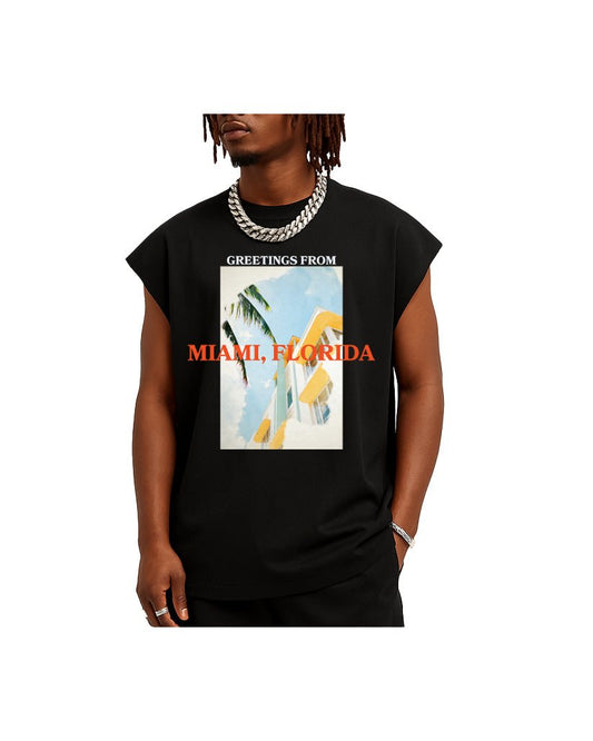 "GREETINGS FROM MIAMI" SLEEVELESS CUTOFF MIAMI T-SHIRT - BLACK