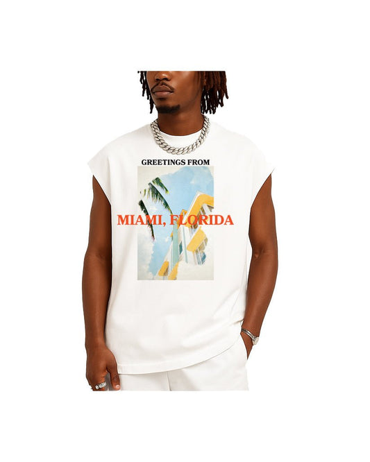 "GREETINGS FROM MIAMI" SLEEVELESS CUTOFF MIAMI T-SHIRT - WHITE