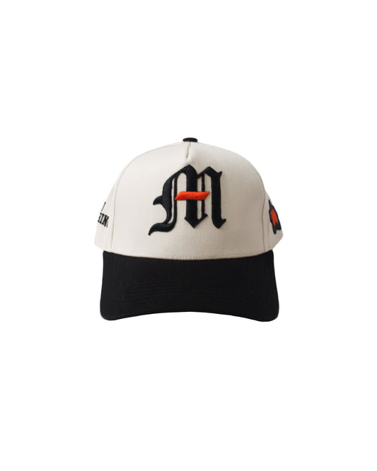Miami hat with embroidered "M" logo, adjustable strap, and black under brim.