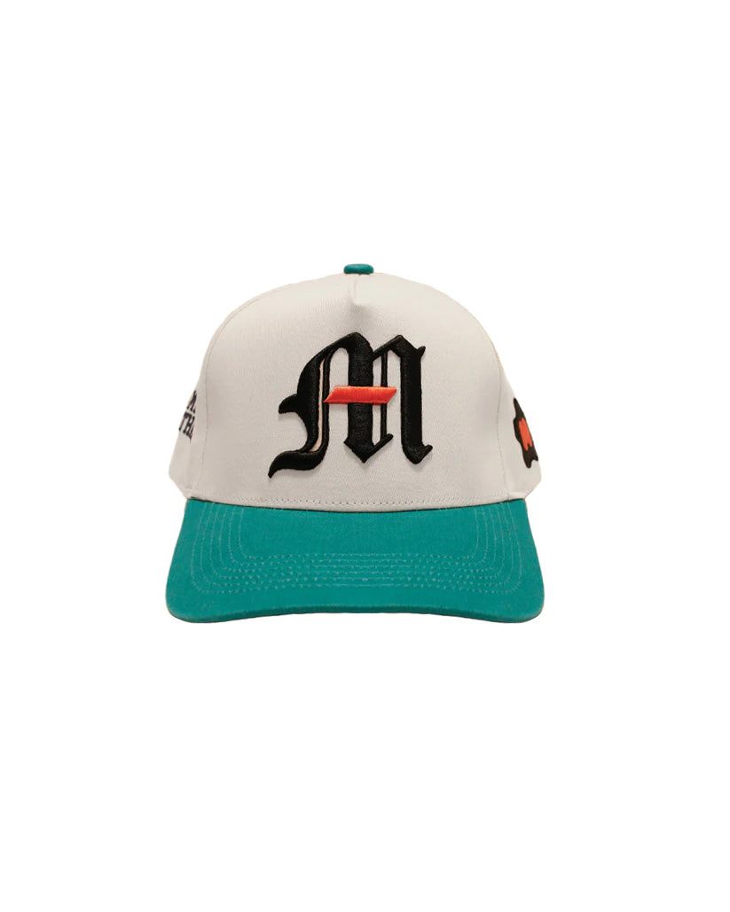 Miami hat with embroidered "M" logo, adjustable strap, and black under brim.