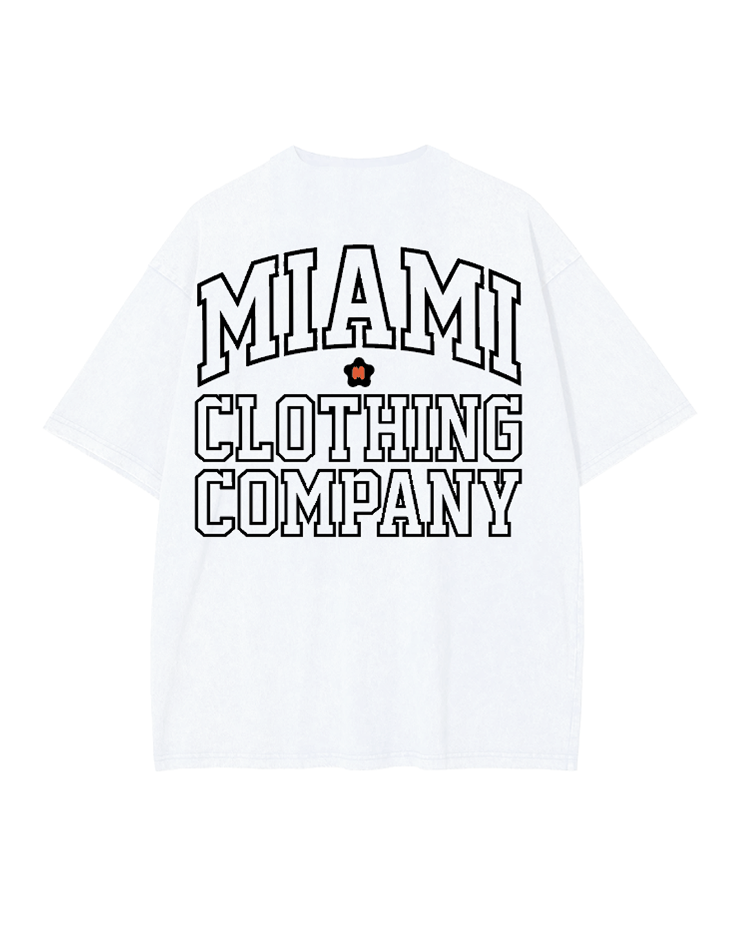 Back view of the MCC Miami Stamped Tee in White, featuring arched 'MIAMI' branding across the back with 'CLOTHING COMPANY' straight below it in a clean, bold font.