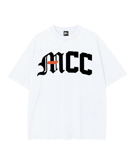 Front view of the MCC Miami Stamped Tee in white, featuring bold arched 'MCC' branding across the chest.
